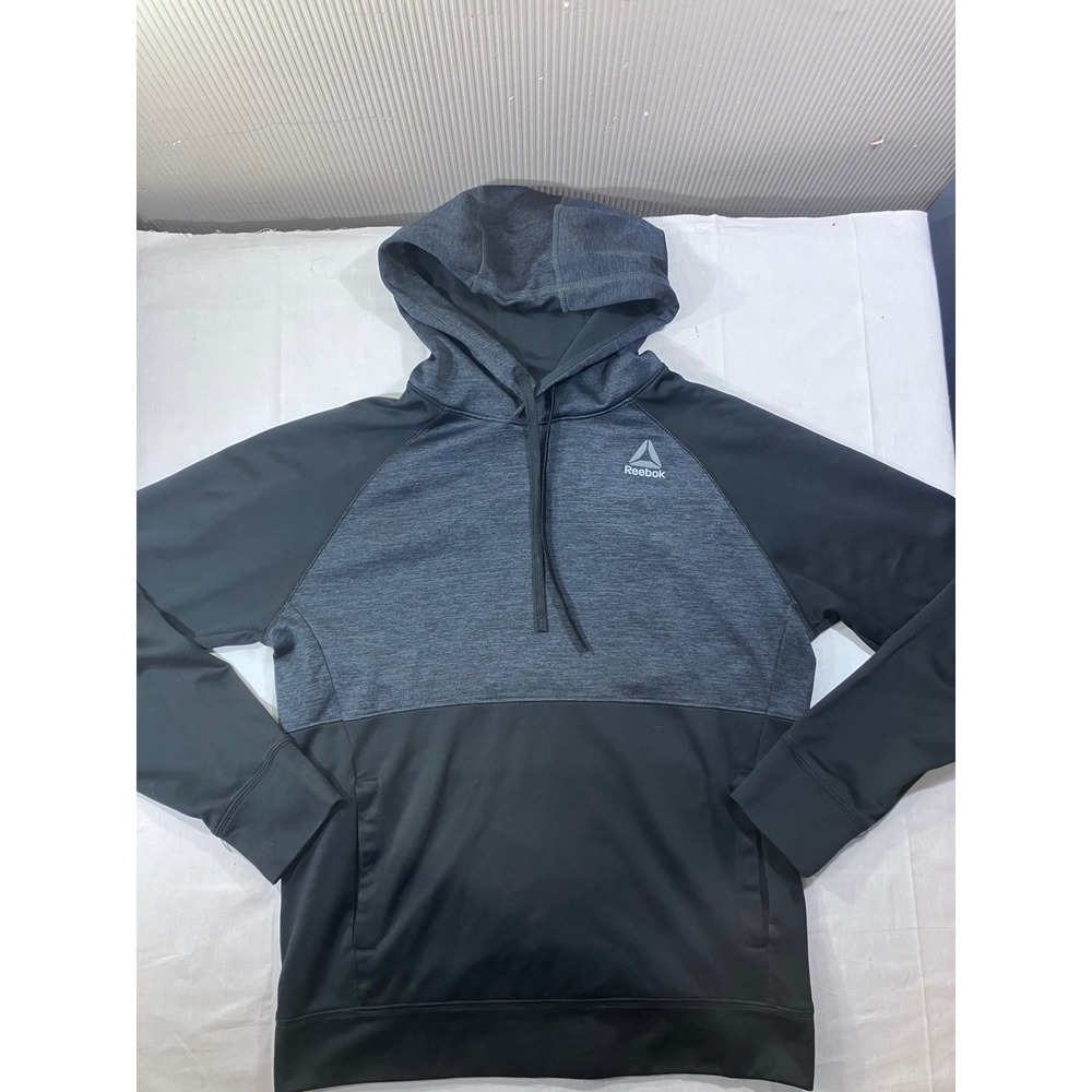 Reebok Mens Hoodie Black Grey Colorblock Athletic Pullover Sweatshirt Size M
